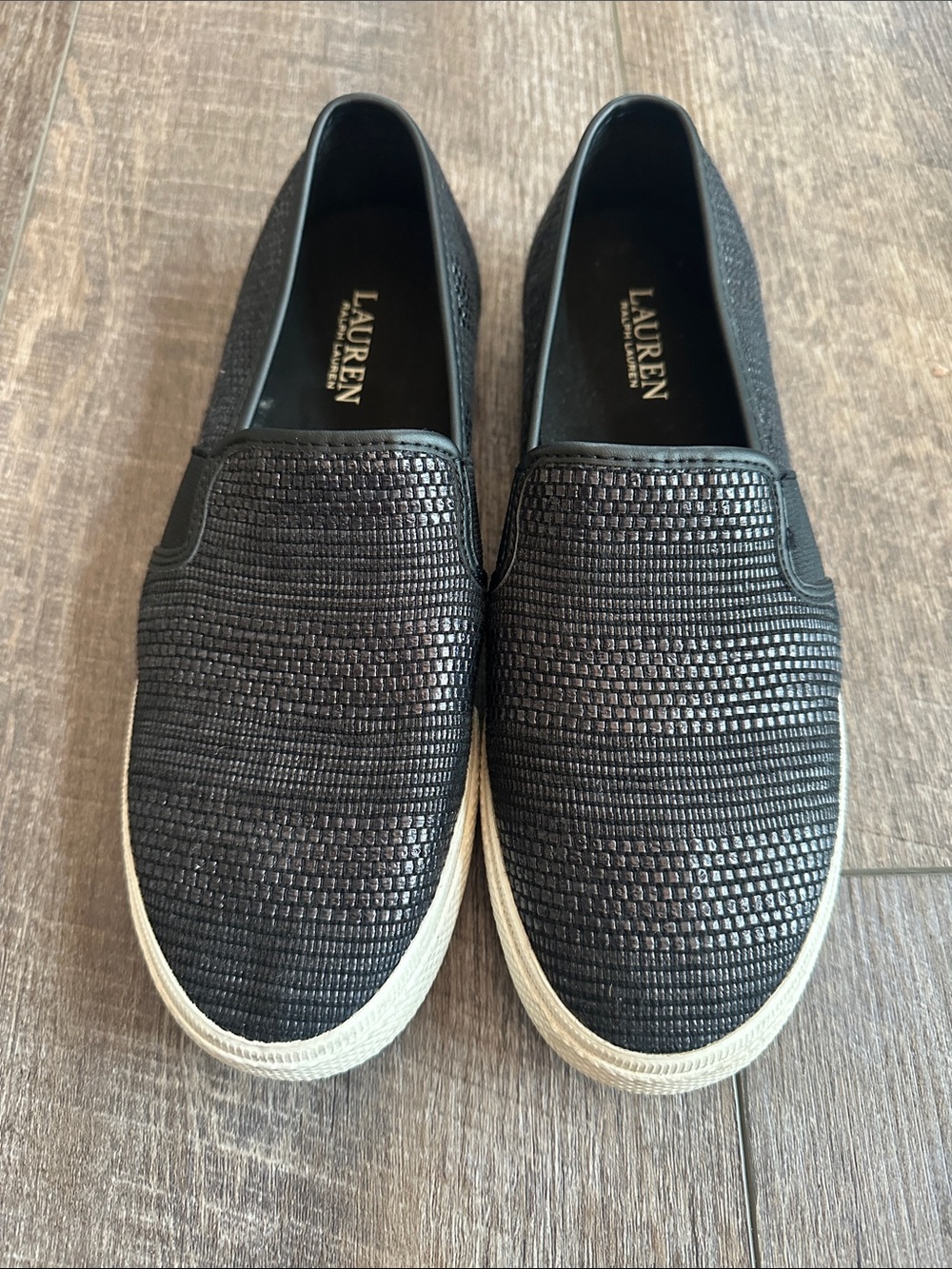 Lauren Ralph Lauren Black Woven Slip-On Flats with White Trim